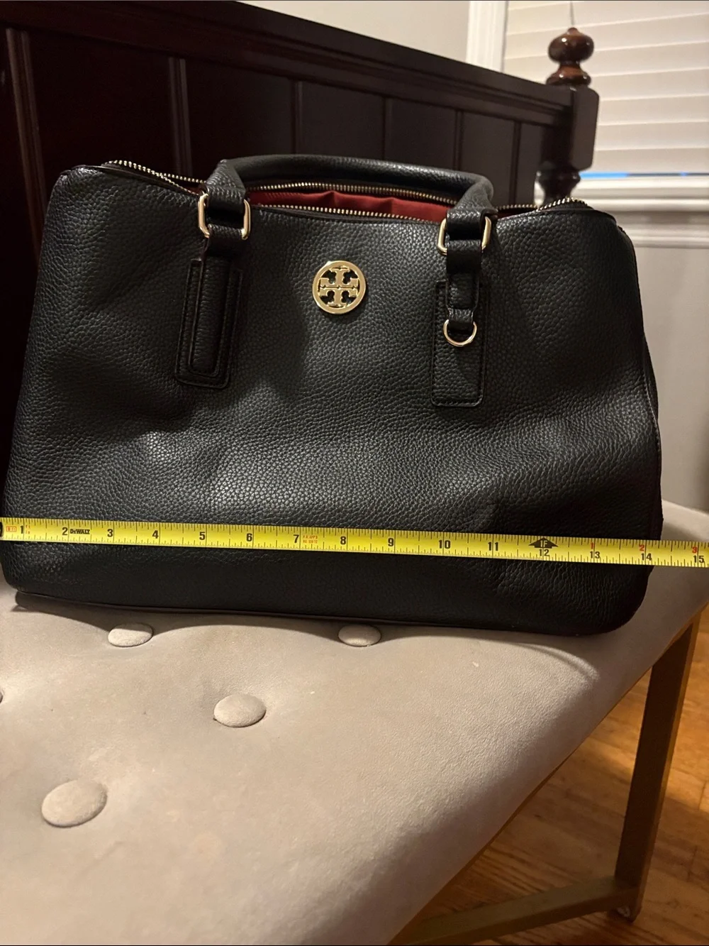 Tory Burch Black Pebbled Leather Satchel with Gold Logo